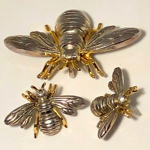 Bumble Bee Brooch/Pendant and Earrings Set Rhinestone Eyes. Marked MJ